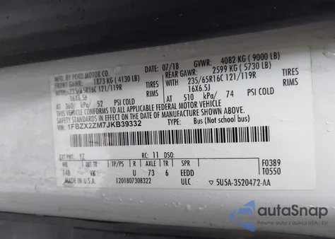 2018 Ford Transit-350 Xl из США, поврежденный, VIN 1FBZX2ZM7JKB39332